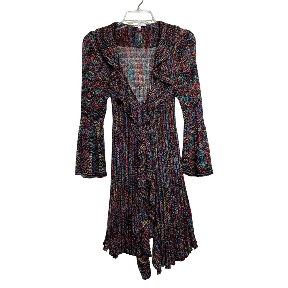 Rainbow Duster Cardigan Womens M/L Multi-Color Ruffle Bell‎ Sleeve Boho Colorful
